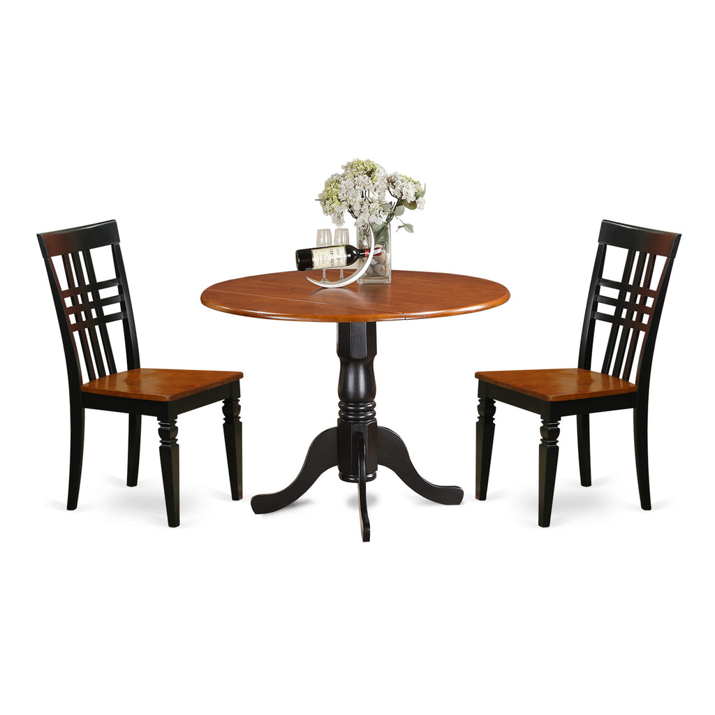 DLLG3-E5W-F Set Cherry & Black Round Table with Dropleaf and 2 Chairs - 3 Piece Dining Room Ensemble