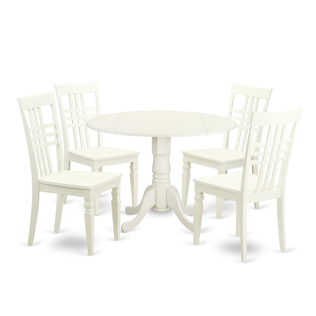 DLLG5-R0M-G 5-Piece Dining Set with Drop Leaf Table & 4 Wooden Chairs in Classic White, 42-Inch