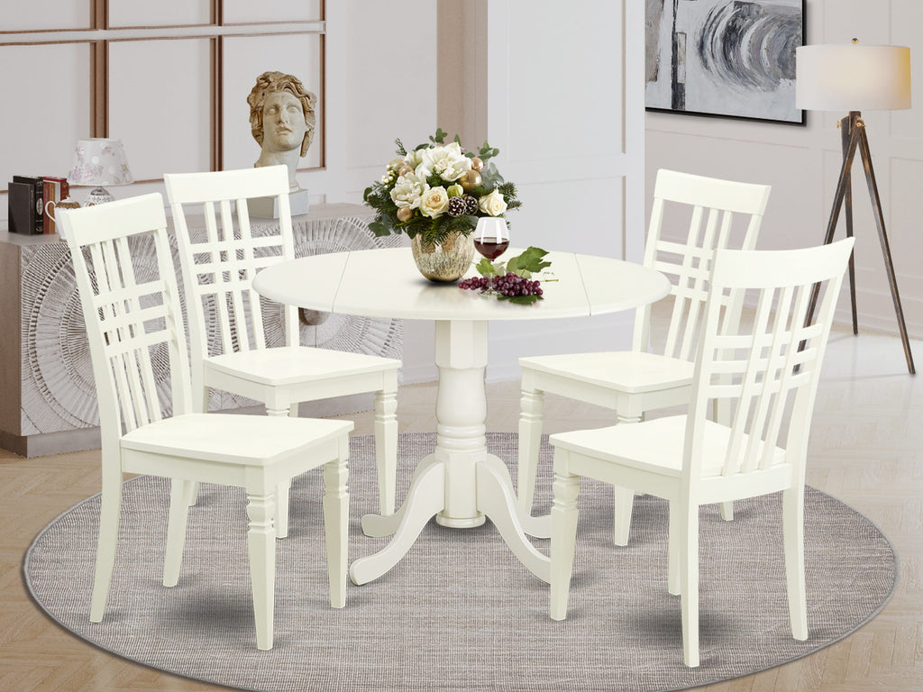 DLLG5-R0M-G 5-Piece Dining Set with Drop Leaf Table & 4 Wooden Chairs in Classic White, 42-Inch