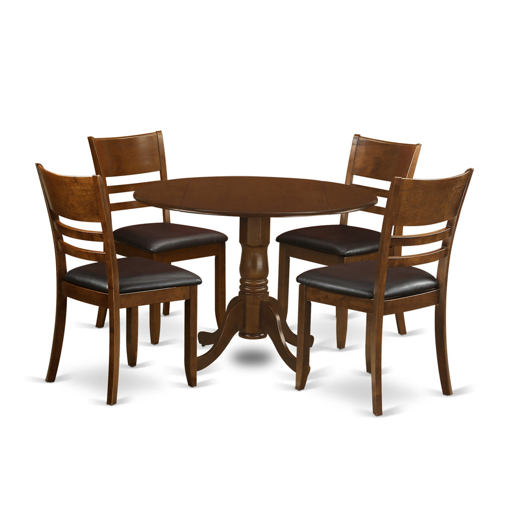 DLLY5-29I-BV Dining Set 5-Piece Round Table with Leaf & 4 Leather Look Chairs, Espresso Finish