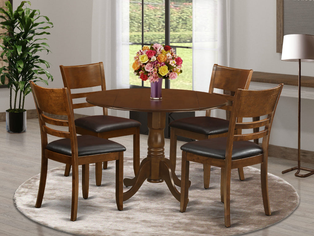 DLLY5-29I-BV Dining Set 5-Piece Round Table with Leaf & 4 Leather Look Chairs, Espresso Finish