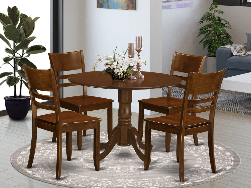 DLLY5-093-4 Elegant Dining Ensemble Round Table with Dropleaf & 4 Chairs Set, Rich Espresso Finish