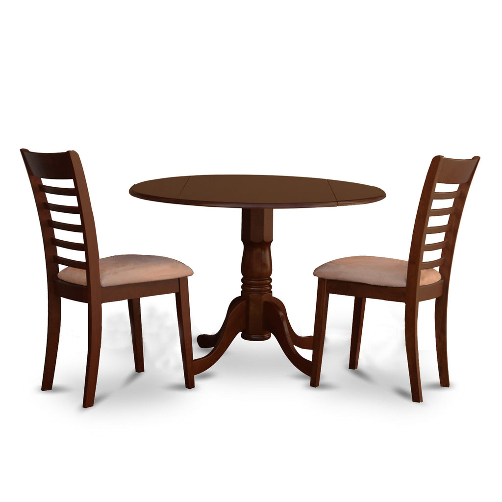 DLML3-4Y5-2 3-Piece Set with Round Drop-Leaf Table & Upholstered Linen Chairs, 42” Mahogany Finish