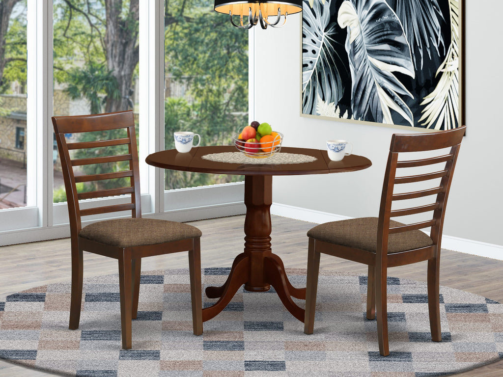 DLML3-4Y5-2 3-Piece Set with Round Drop-Leaf Table & Upholstered Linen Chairs, 42” Mahogany Finish