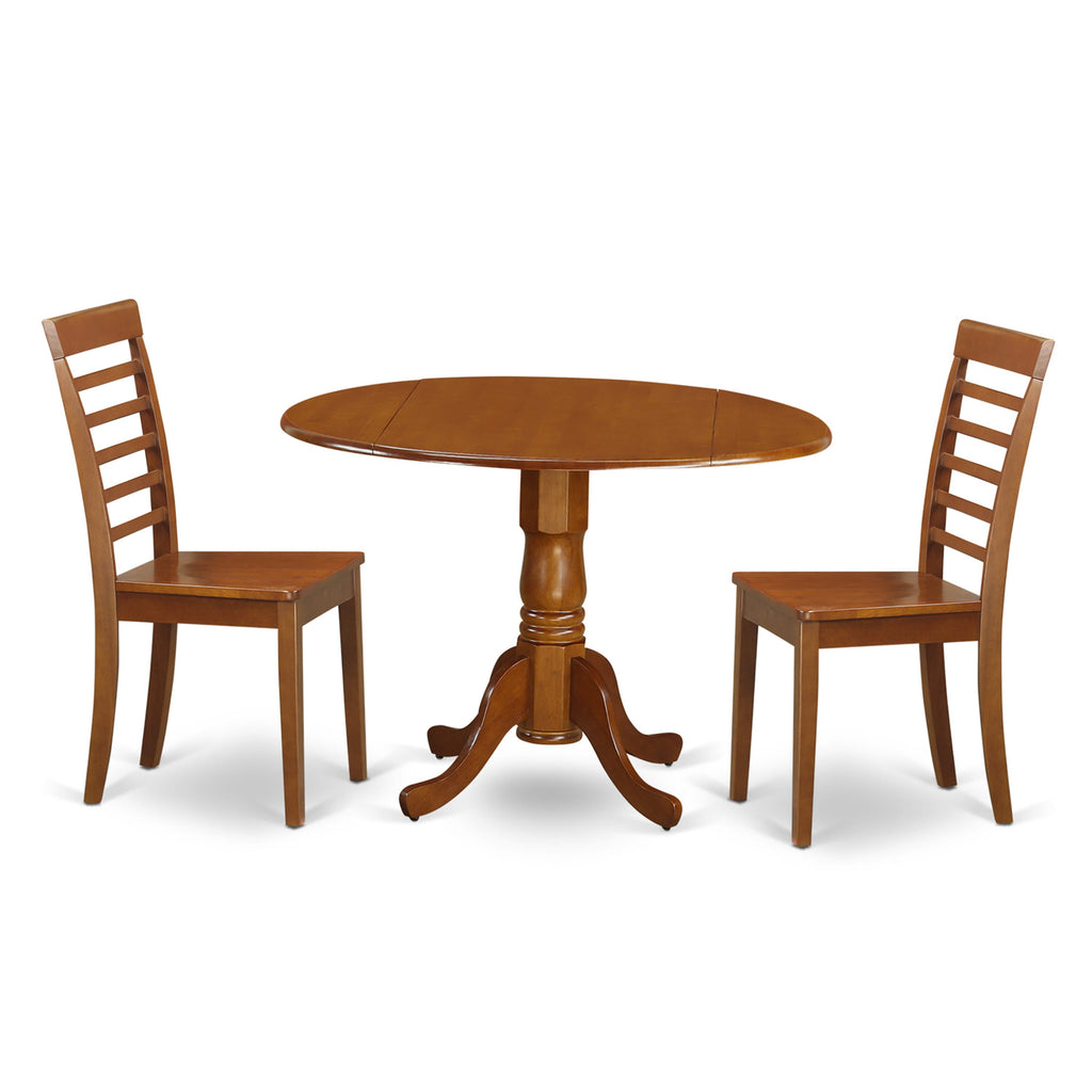 DLML3-YSY-J Compact 3-Piece Round Table Set with Dropleaf and 2 Chairs - Saddle Hue, Perfect for Cozy Corners