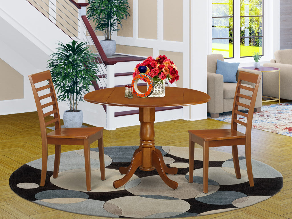 DLML3-YSY-J Compact 3-Piece Round Table Set with Dropleaf and 2 Chairs - Saddle Hue, Perfect for Cozy Corners