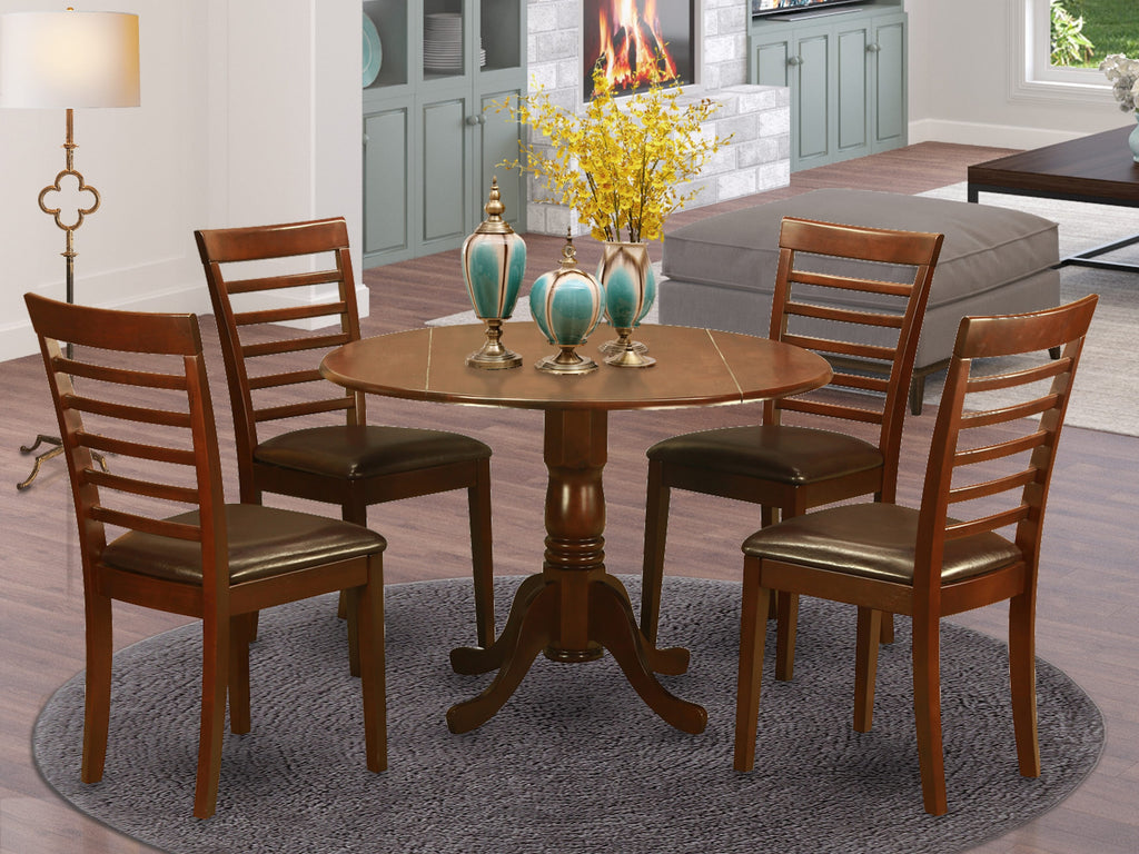 DLML5-3FD-28 5 Piece Round Mahogany Dining Set with Dropleaf Table & Faux Leather Upholstered Chairs