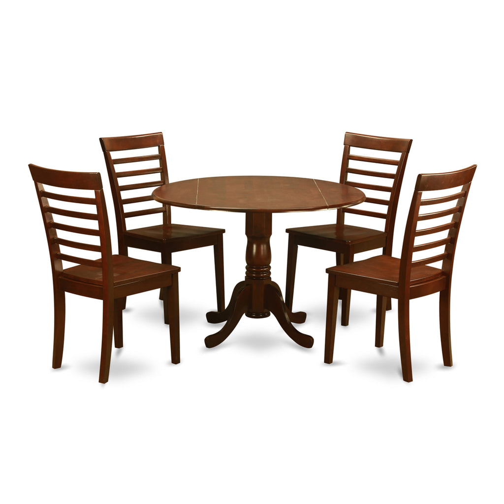 Dining Ensemble DLML5-8V4-4 5-Piece Set with Dropleaf Round Table & Chairs, 42x42 in Mahogany Delight