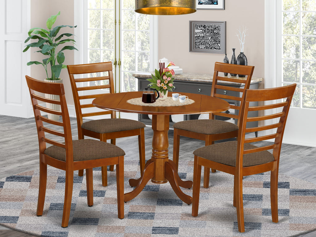 DLML5-UUE-V 5-Piece Set Table with Dropleaf & 4 Upholstered Chairs in Saddle Brown, 42x42 Inch