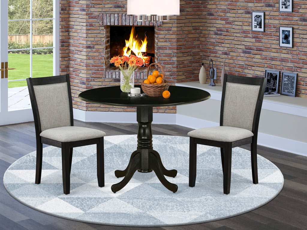 DLMZ3-G2R-6P Elegant 3-Piece Dining Set with Round Drop-leaf Table and 2 Stylish Shitake Linen Chairs, Wirebrushed Finish
