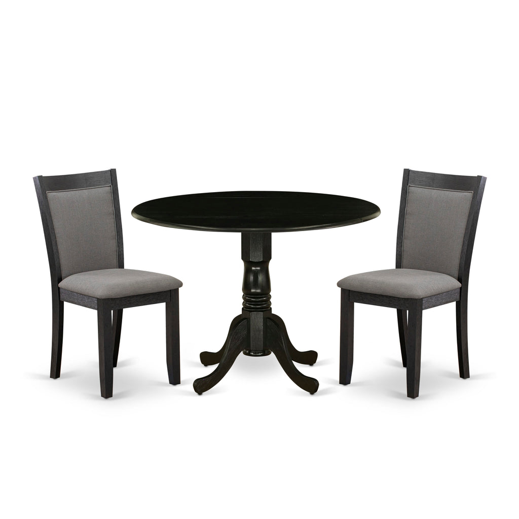 DLMZ3-DCV-ZI Drop Leaf Dining Set with Round Table & 2 Gotham Grey Linen Upholstered Chairs, 42x42, Black Finish