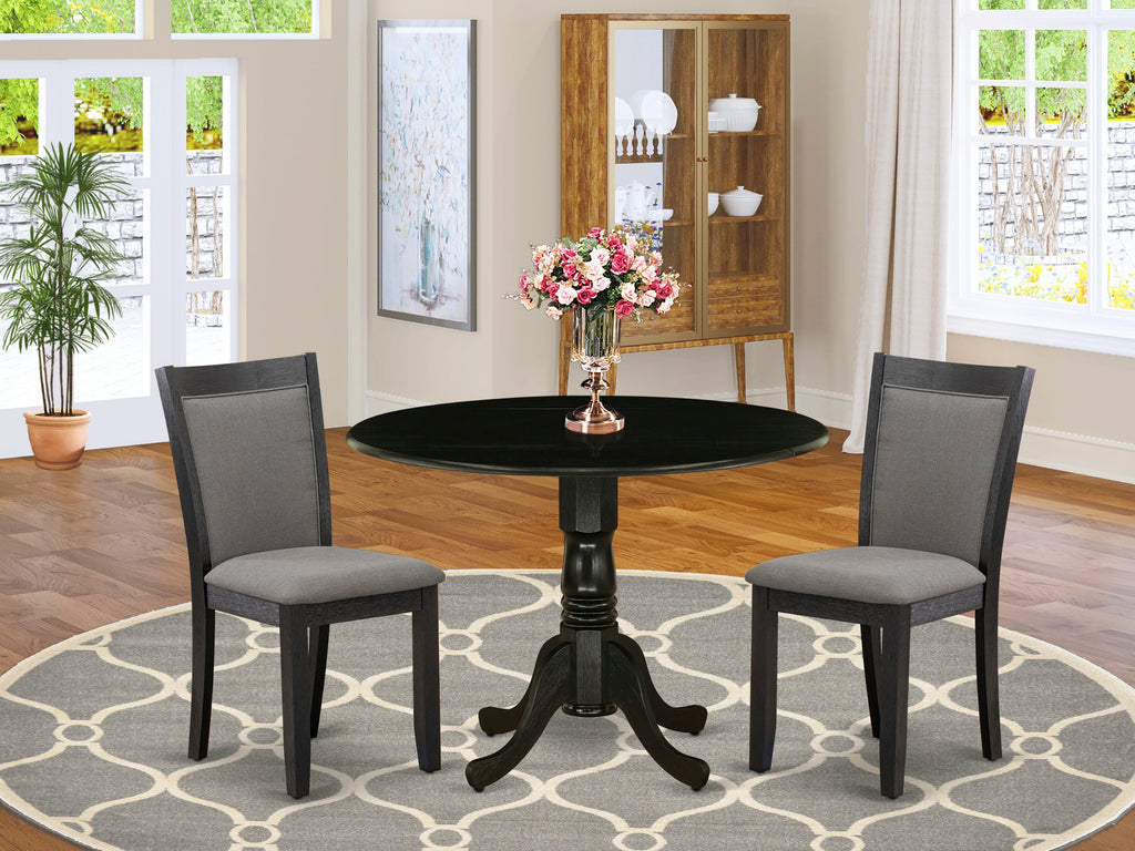 DLMZ3-DCV-ZI Drop Leaf Dining Set with Round Table & 2 Gotham Grey Linen Upholstered Chairs, 42x42, Black Finish
