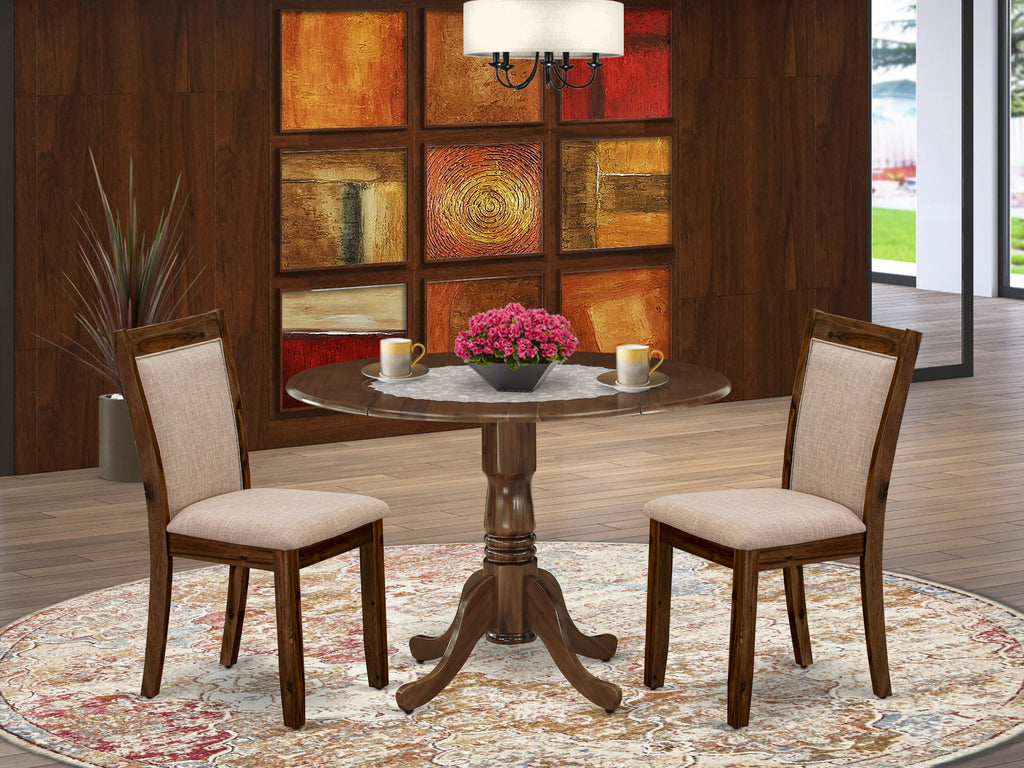 DLMZ3-88J-U8 3-Piece Cozy Dining Ensemble Round Table with Dropleaf & 2 Beige Linen Parsons Chairs