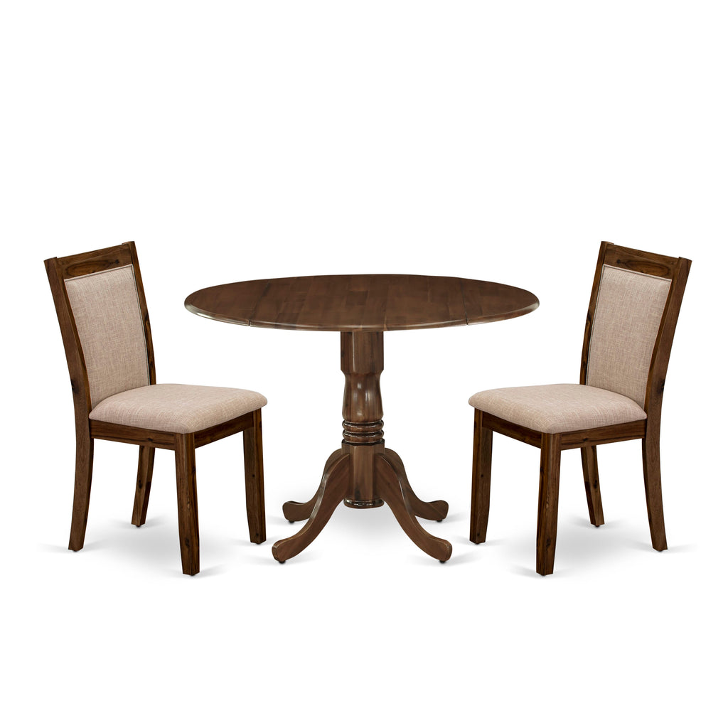 DLMZ3-88J-U8 3-Piece Cozy Dining Ensemble Round Table with Dropleaf & 2 Beige Linen Parsons Chairs