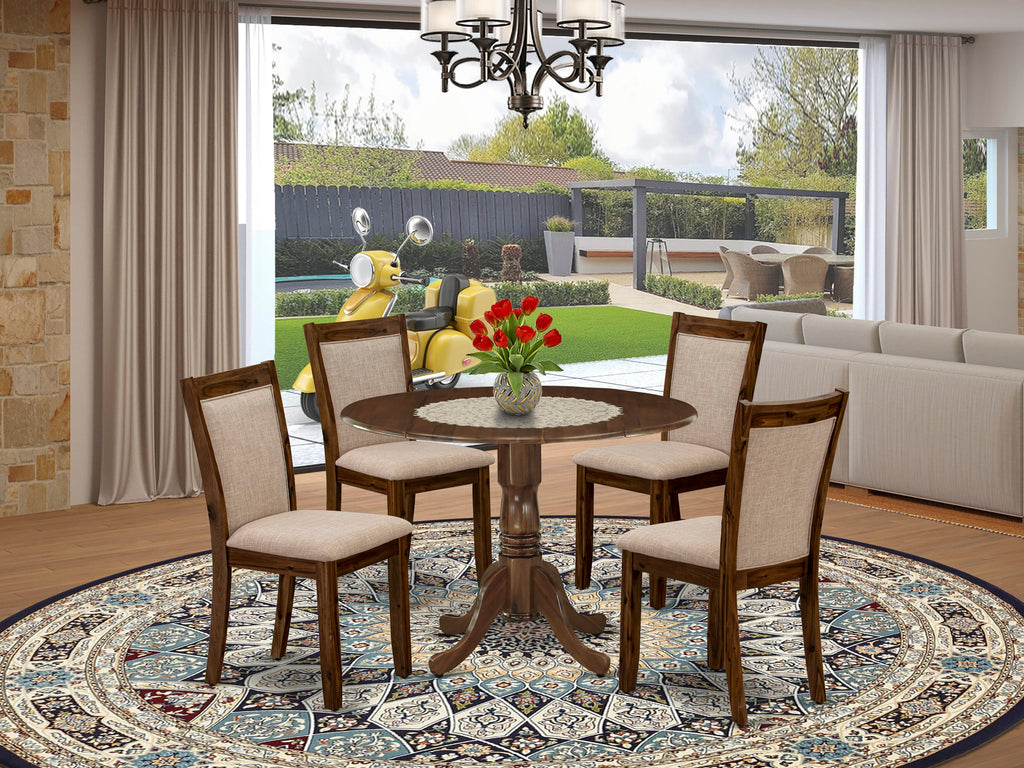DLMZ5-NQ9-IO - Compact Round Dining Set with Dropleaf Table and 4 Beige Linen Chairs, Warm Walnut Finish