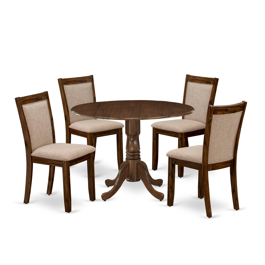 DLMZ5-NQ9-IO - Compact Round Dining Set with Dropleaf Table and 4 Beige Linen Chairs, Warm Walnut Finish