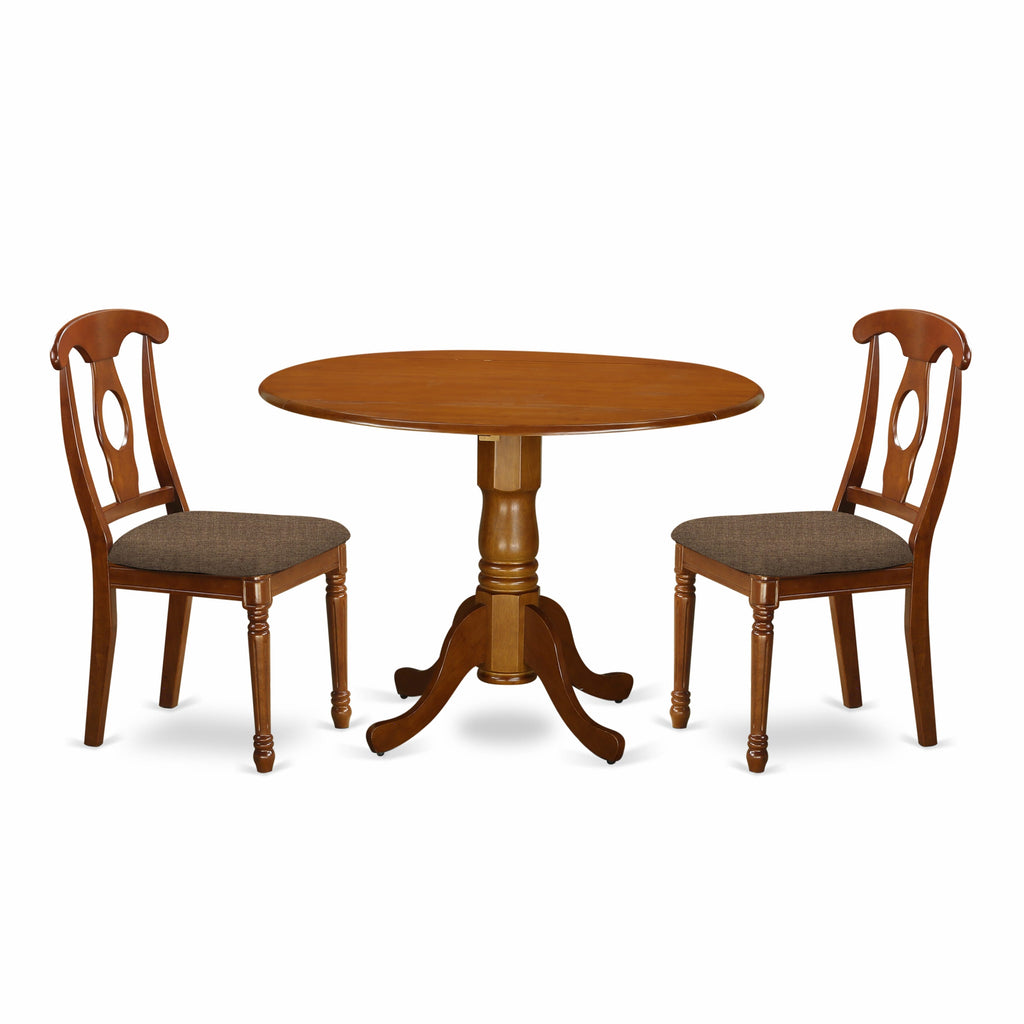 DLNA3-6QS-U 3-Piece Dining Ensemble Featuring Dropleaf Round Table with Two Upholstered Chairs, Saddle Brown, 42-Inch