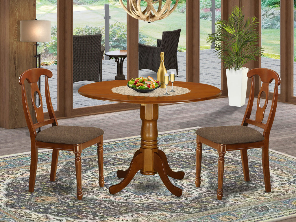 DLNA3-6QS-U 3-Piece Dining Ensemble Featuring Dropleaf Round Table with Two Upholstered Chairs, Saddle Brown, 42-Inch