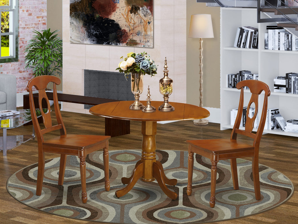 DLNA3-2RM-7 Compact Dining Ensemble with Round Drop-leaf Table and Two Chairs - Saddle Brown Finish