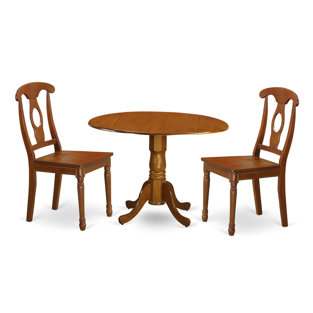 DLNA3-2RM-7 Compact Dining Ensemble with Round Drop-leaf Table and Two Chairs - Saddle Brown Finish