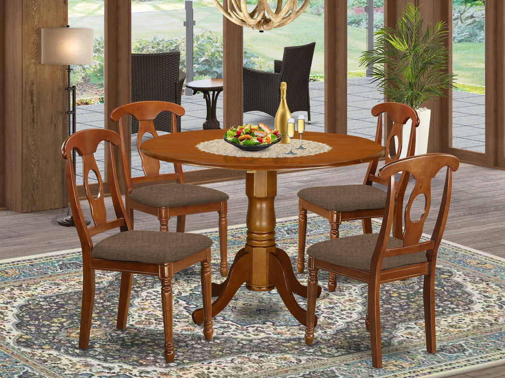 DLNA5-WM1-A 5-Piece Dining Set with Drop Leaf Round Table & Upholstered Chairs, 42-Inch Saddle Brown