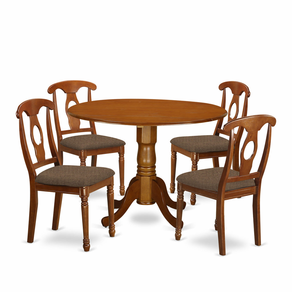 DLNA5-WM1-A 5-Piece Dining Set with Drop Leaf Round Table & Upholstered Chairs, 42-Inch Saddle Brown