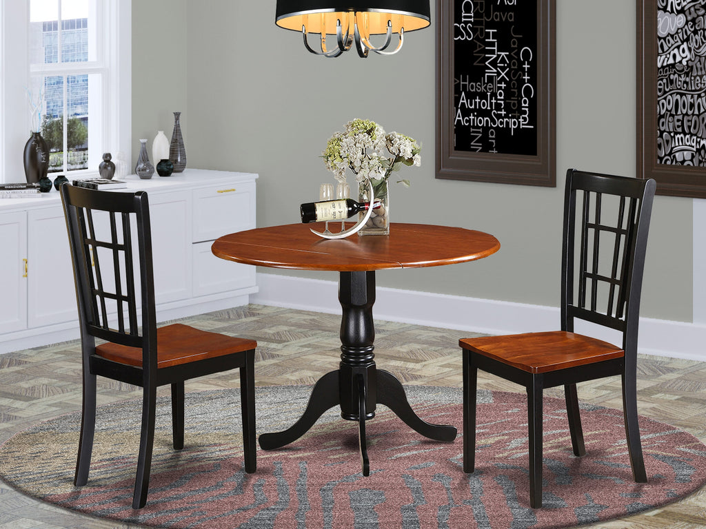 DLNI3-LE2-8 Stunning 3 Piece Round Dining Set with Drop Leaf Table and Two Chairs, Black & Cherry, 42 Inch