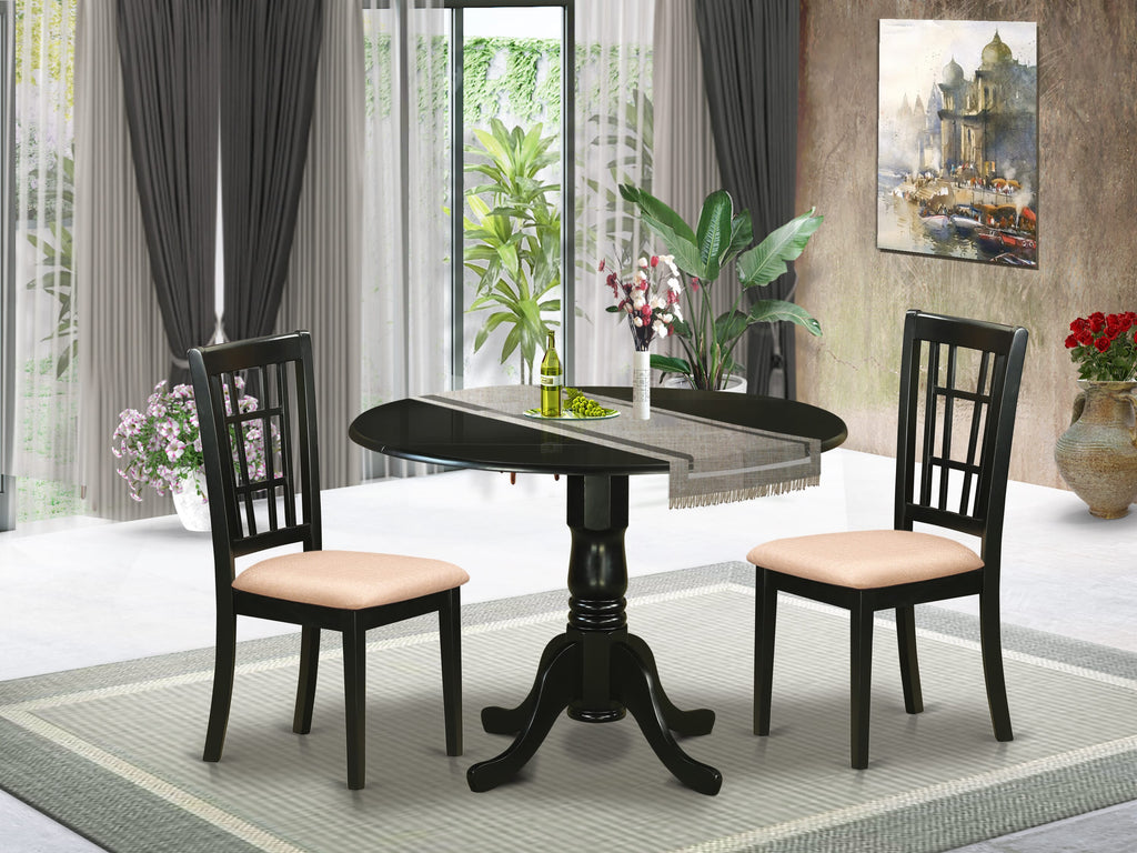 DLNI3-G7L-0 Compact 3-Piece Dining Ensemble, Round Drop-leaf Table & Upholstered Chairs, 42 Black