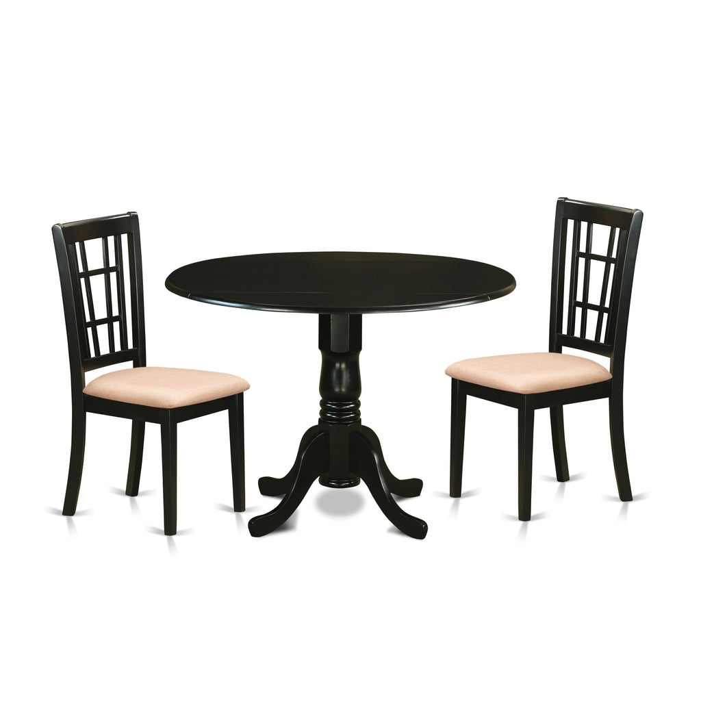DLNI3-G7L-0 Compact 3-Piece Dining Ensemble, Round Drop-leaf Table & Upholstered Chairs, 42 Black