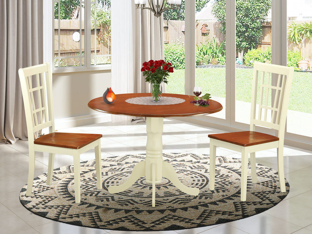 DLNI3-I1E-D 3 Piece Round Dining Set Table with Drop-leaf & 2 Chairs, Buttermilk & Cherry Finish, 42x42