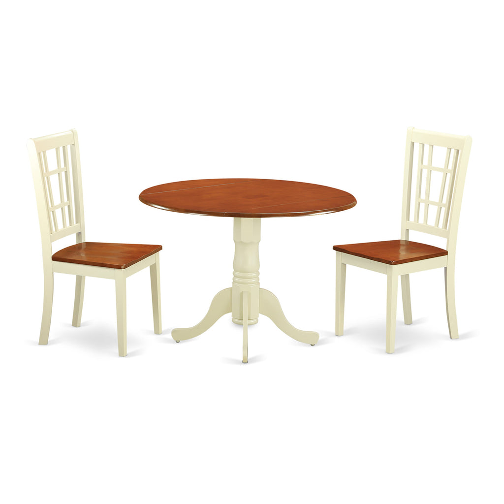 DLNI3-I1E-D 3 Piece Round Dining Set Table with Drop-leaf & 2 Chairs, Buttermilk & Cherry Finish, 42x42