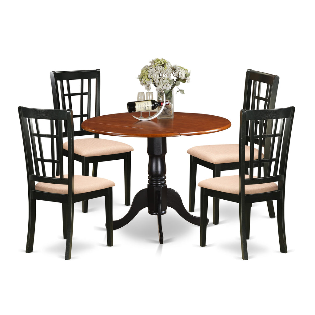 DLNI5-HOM-I Round Table Set with Dropleaf and Upholstered Chairs for Dining, Black & Cherry, 5 Piece