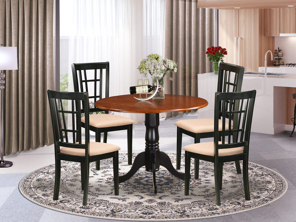 DLNI5-HOM-I Round Table Set with Dropleaf and Upholstered Chairs for Dining, Black & Cherry, 5 Piece