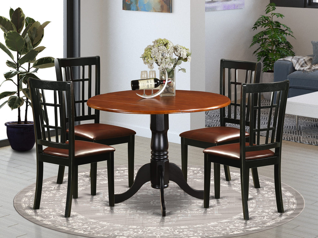 Dining Set DLNI5-JC2-BF - 5 Piece Round Table with Dropleaf and 4 Faux Leather Chairs, Black & Cherry Combo, 42