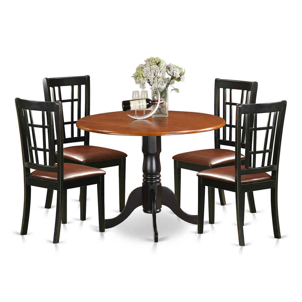 Dining Set DLNI5-JC2-BF - 5 Piece Round Table with Dropleaf and 4 Faux Leather Chairs, Black & Cherry Combo, 42