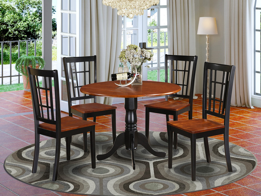 Elegant DLNI5-ML1-I 5-Piece Dining Ensemble with Round Drop-leaf Table & 4 Stylish Chairs, 42 Black Cherry