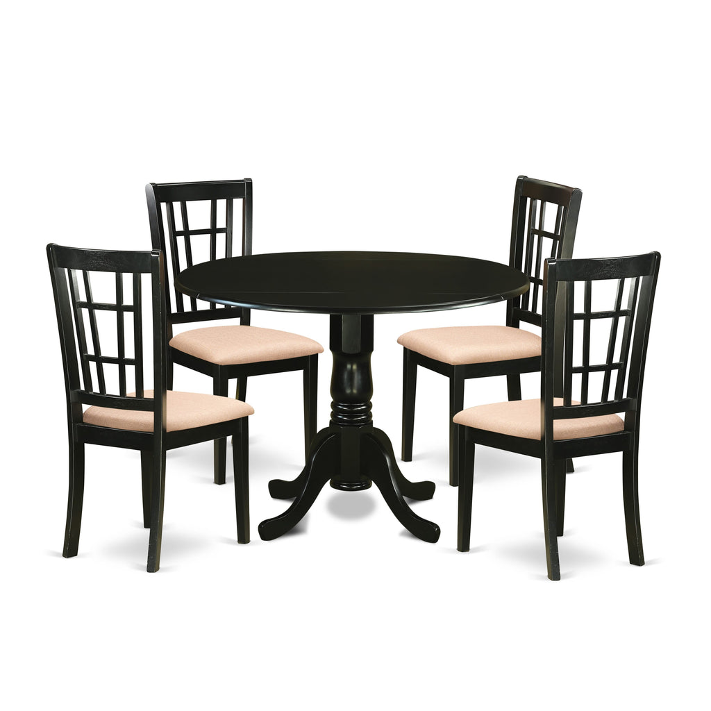 5-Piece Dining Set DLNI5-6VH-3 with Round Drop-leaf Wood Table & 4 Linen Fabric Chairs, Black, 42x42 in.