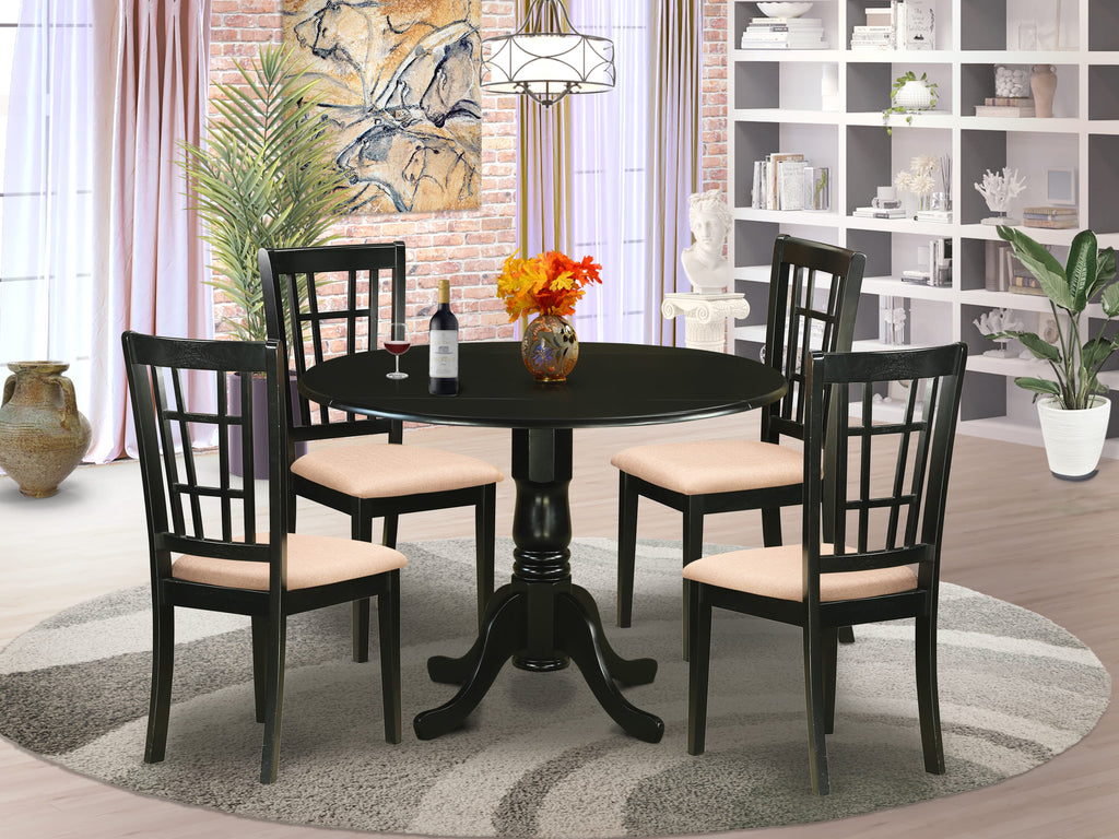 5-Piece Dining Set DLNI5-6VH-3 with Round Drop-leaf Wood Table & 4 Linen Fabric Chairs, Black, 42x42 in.