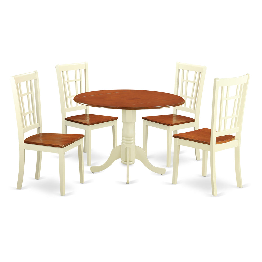 DLNI5-7XV-6 Dining Ensemble - 5 Pc Round Table Dropleaf & 4 Seating Set in two-tone Finish