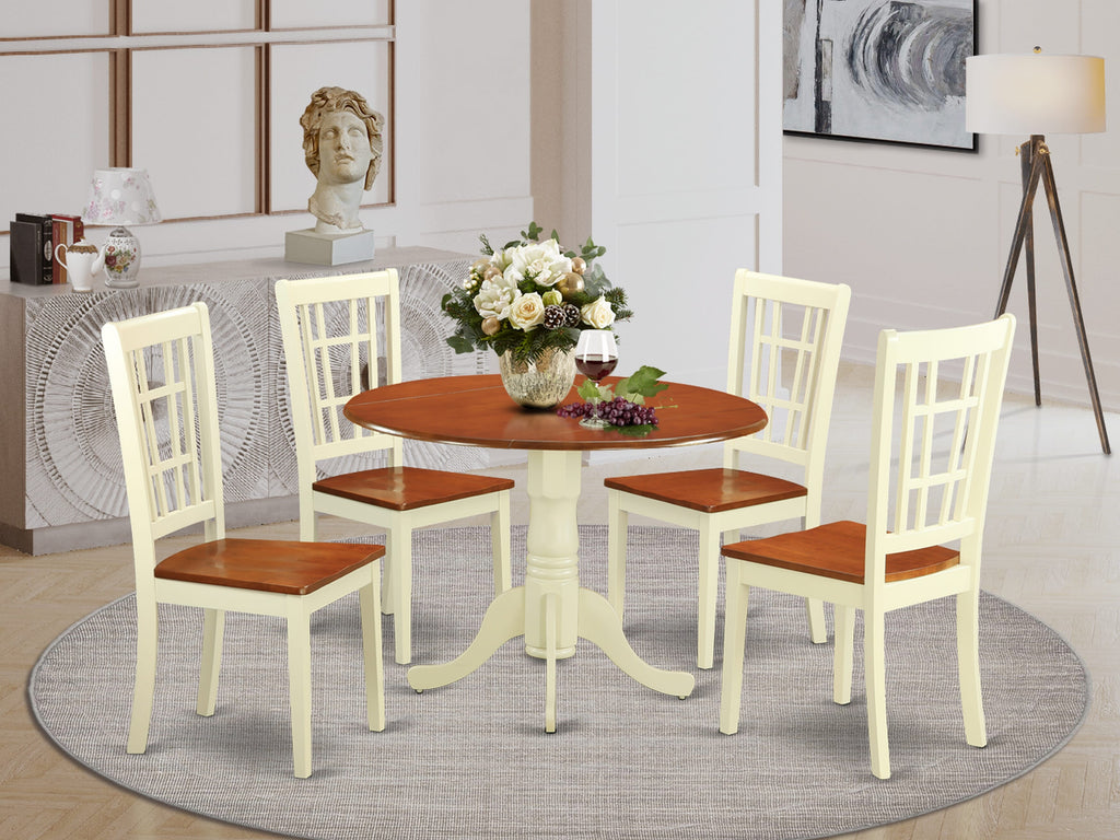 DLNI5-7XV-6 Dining Ensemble - 5 Pc Round Table Dropleaf & 4 Seating Set in two-tone Finish