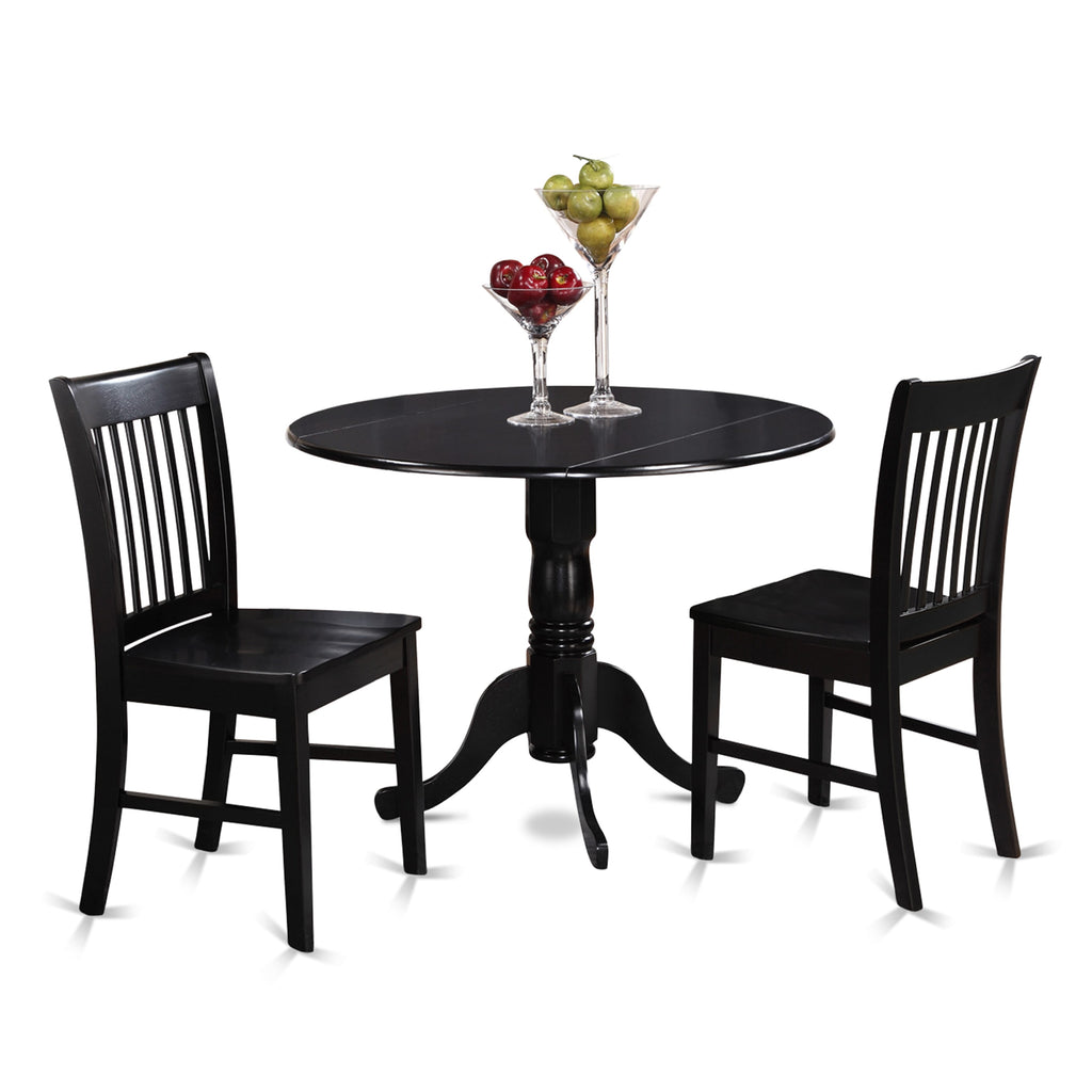DLNO3-9F0-3 Three-Piece Dining Set with Dropleaf Table and Two Chairs, Perfect for Compact Spaces, 42x42 Inches, Black Finish