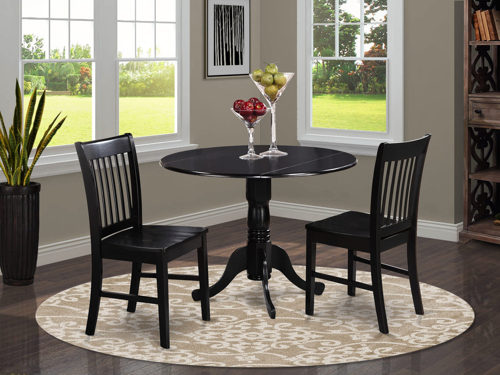 DLNO3-9F0-3 Three-Piece Dining Set with Dropleaf Table and Two Chairs, Perfect for Compact Spaces, 42x42 Inches, Black Finish