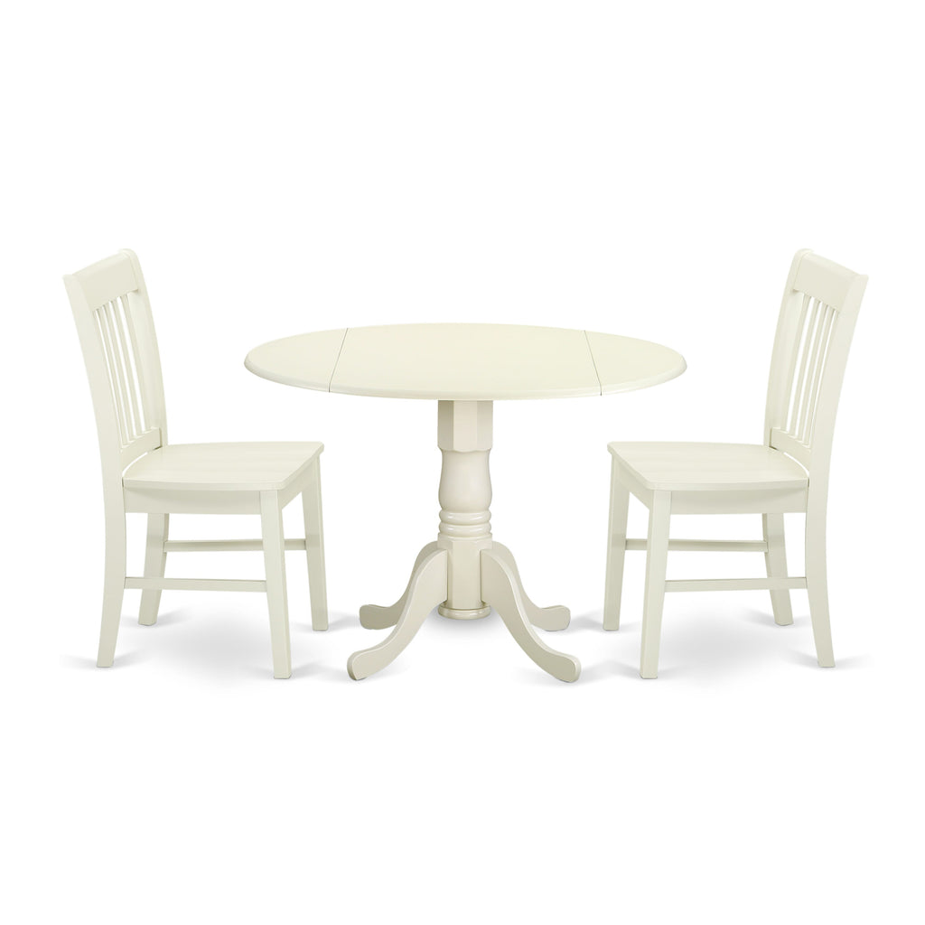 DLNO3-6S7-L 42 Round Drop Leaf Dining Set with Two Chairs for Compact Spaces, White Finish