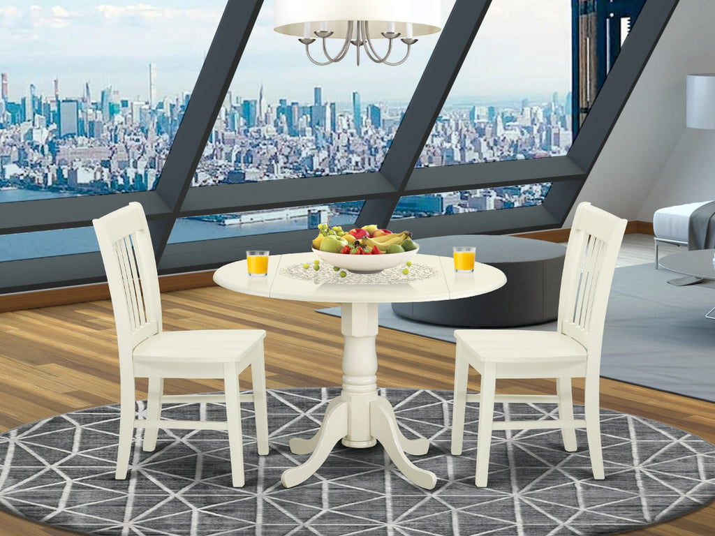 DLNO3-6S7-L 42 Round Drop Leaf Dining Set with Two Chairs for Compact Spaces, White Finish