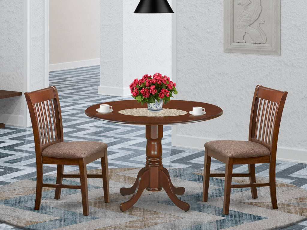 DLNO3-E4F-X Elegant Dining Set with Dropleaf Round Table & 2 Upholstered Linen Chairs, 42 Mahogany Finish