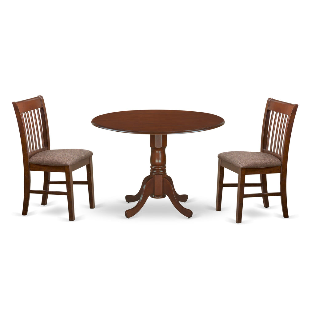 DLNO3-E4F-X Elegant Dining Set with Dropleaf Round Table & 2 Upholstered Linen Chairs, 42 Mahogany Finish