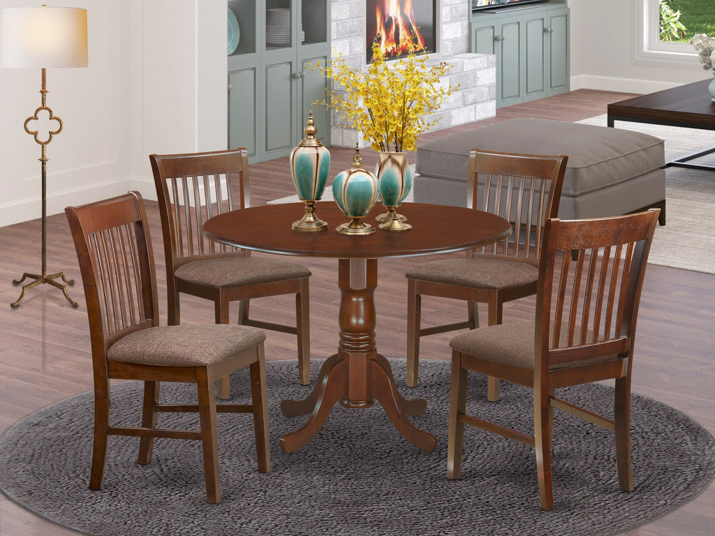 DLNO5-6FE-Z Elegant 5-Piece Dining Collection with Round Dropleaf Table and 4 Linen Chairs, Rich Mahogany