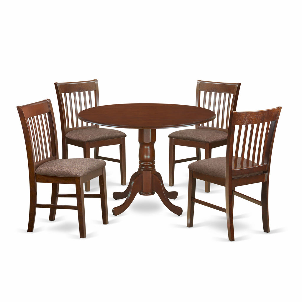 DLNO5-6FE-Z Elegant 5-Piece Dining Collection with Round Dropleaf Table and 4 Linen Chairs, Rich Mahogany
