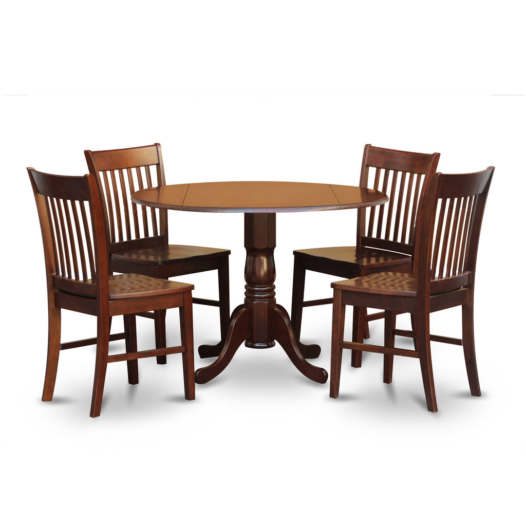 DLNO5-YET-4 Elegant 5-Piece Dining Set with Round Drop-Leaf Table and 4 Chairs, 42-Inch, Mahogany
