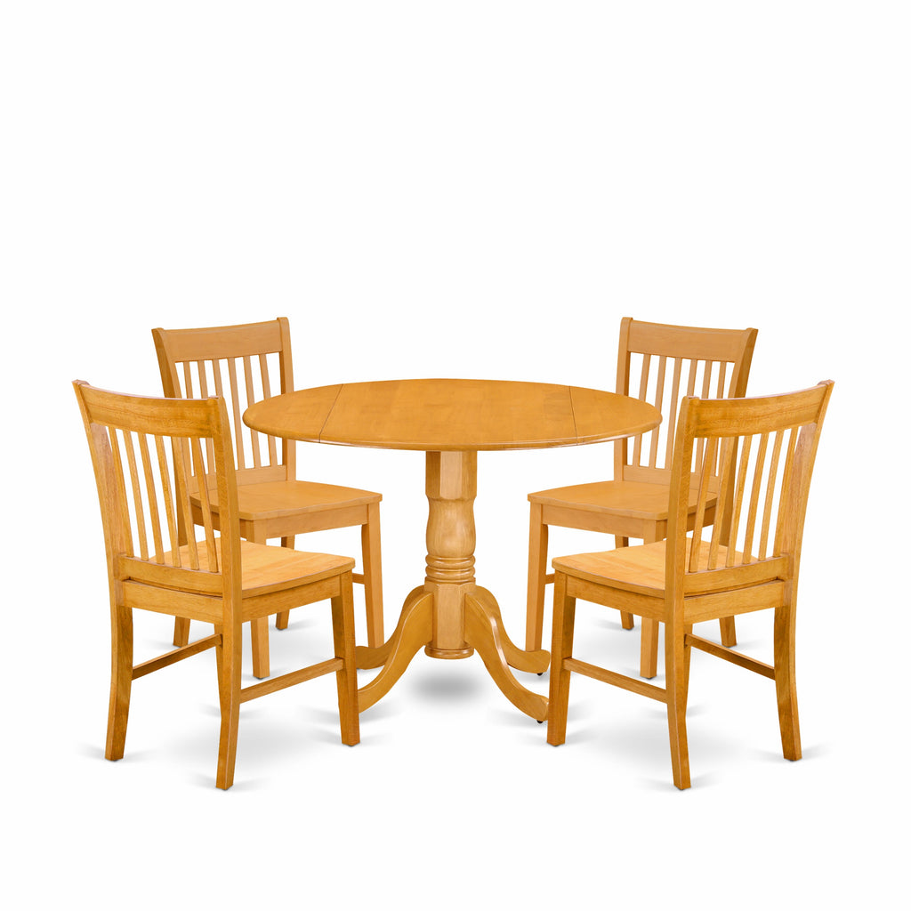 DLNO5-RG2-V 5 Piece Round Table Set with Dropleaf and Four Chairs, 42 Oak Finish